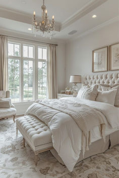 a large white bed sitting in a bedroom next to a chandelier and two chairs