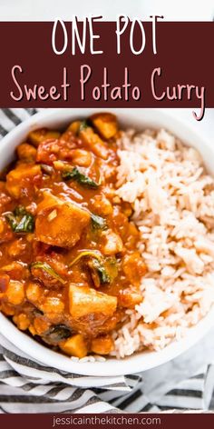 one pot sweet potato curry in a bowl with rice