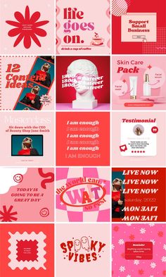 a collage of pink and red images with the words love, life goes on