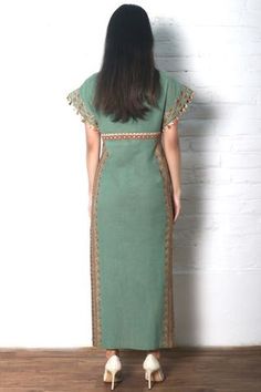 Shop for Chandrima Green Kala Cotton Embroidered Maxi Dress for Women Online at Aza Fashions Green Embroidered Straight Kurta Dress, Fitted Floor-length Dress With Tassels, Bohemian Floor-length Dress With Side Slits, Traditional Floor-length Tassel Dresses, Fitted Maxi Dress With Embroidered Border, Elegant Maxi Dress With Embroidered Border, Traditional Maxi Dress With Back Tassel Tie-up, Elegant Green Dresses With Embroidered Border, Green Straight Kurta Dress With Embroidered Border