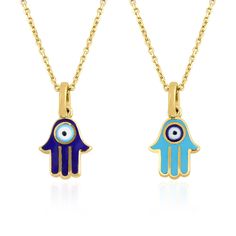 "◖ A B O U T ◗ The hamsa is an ancient Middle Eastern symbol that holds a variety of meanings across cultures. Nevertheless, it is regarded in all faiths as a protective talisman that brings good fortune, health and happiness. You will never want to take off this minimalist necklace. Enamel art made with pure gold and handcrafted work will always preserve its color and will not fade. You can wear it in turquoise and dark blue with different colors on 2 sides. A minimalist gift for loved ones, fr Spiritual Blue Charm Necklace, Symbolic Blue 14k Gold Jewelry, Handmade Blue 14k Gold Jewelry, Handmade 14k Gold Blue Jewelry, Blue 14k Gold Necklace With Charms, Symbolic Blue Gemstone Necklaces, Symbolic Turquoise Necklace For Gift, Blue Gemstone Symbolic Necklace, Blue Amulet Necklace For Good Luck