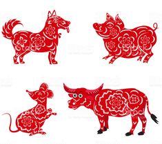 three red paper cut animals with flowers on them