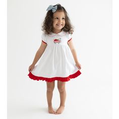 Ready for the first day of school? You'll be stylin' and smilin' in this School Wagon Applique Collared Short Sleeve Dress! Made from 100% Pima cotton, it's as comfortable as it is chic. Whether it's a special occasion or just a lazy day at home, this dress has got you covered. White Cotton School Dress, White Cotton Dresses For School, Casual White Dress For School, Retro Cotton School Dress, Casual Ruffled Dresses For School, Playful Cotton Dress For Holiday, Playful Cotton Holiday Dress, Playful Cotton Dresses For Daywear, Fitted Cotton Dresses For Holiday