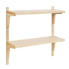 a wooden shelf sitting on top of a white wall