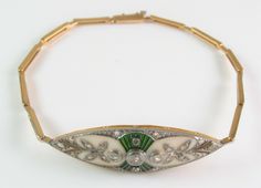 Antique 18K Gold & Platinum Edwardian Diamond & Plique A Jour Enamel Bracelet | eBay Yellow Gold Art Deco Bracelet, Elegant Green Bracelets For Ceremonial Occasions, Plique A Jour, Antique Bracelets, Enamel Bracelet, European Cut Diamonds, Bracelet Clasps, Gold Bar, Green Enamel