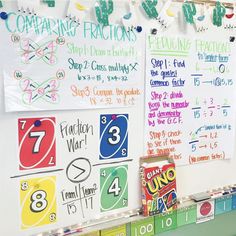 posters on the wall in a classroom with numbers and fractions written on them, along with other signs