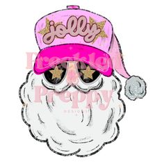 a drawing of a santa claus wearing sunglasses and a pink hat with gold stars on it