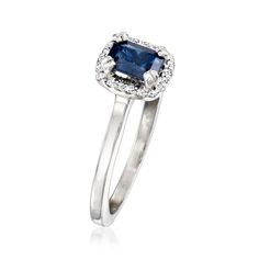 Ross-Simons - C. 1990 Vintage .60ct Sapphire Ring, .12ct t. w. Diamonds. Size 7. C. 1990. With an elegant and enduring design, this classic Estate collection ring presents a .60 carat emerald-cut sapphire bordered by .12 ct. t. w. round brilliant-cut diamonds. Set in polished 14kt white gold. 5/16" wide. Diamond and sapphire ring. Exclusive, one-of-a-kind Estate Jewelry. Sapphire birthstones are the perfect gift for September birthdays. Classic Gia Certified Emerald Cut Sapphire Ring, Classic Formal Sapphire Ring Gia Certified, Formal Sapphire Ring With Baguette Cut And Halo Setting, Formal Sapphire Ring With Halo Setting And Baguette Cut, Classic Sapphire Ring With Halo Setting For Formal Occasions, Classic Formal Sapphire Ring With Halo Setting, Classic 14k White Gold Radiant Cut Ring, Emerald-cut Sapphire Ring With Vvs Clarity For Formal Events, Emerald Cut Sapphire Ring With Vvs Clarity For Formal