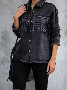 Women's Black Long Sleeve Fringe Denim Jacket Edgy Fall Tops With Pockets, Edgy Tops With Pockets For Fall, Black Denim Outerwear With Frayed Hem, Black Outerwear With Frayed Hem For Fall, Black Frayed Hem Outerwear For Fall, Edgy Long Sleeve Outerwear With Frayed Hem, Washed Black Long Sleeve Denim Jacket For Fall, Fall Long Sleeve Washed Black Denim Jacket, Edgy Long Sleeve Denim Jacket For Fall