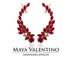 "Swarovski Ruby Crystal Bridal Earrings Anniversary Long Jeweled Ear Cuff Prom Red Garnet Earring Crystal Ear Climber Special Gift For Woman. Swarovski ear, Ruby earring, Crystal crawler, Bridal Earrings, Anniversary jewelry, Long Jeweled, Ear Cuff, Prom Red Garnet, Crystal Ear Climber, Special Gift, ruby for her, ruby crystal, gold earring. Fantastic ear cuff design is available in different crystal & plating colors, designed & created by Maya Valentino with sparkling crystals from Swar Red Ruby Earrings, Earring Cuff, Red Garnet Earrings, Climbing Earrings, Crystal Bridal Earrings, Ear Climber, Ruby Crystal, Jewelry Bridesmaid, Ear Climbers