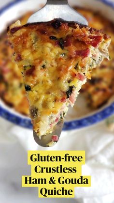 a slice of ham and goula quiche on a fork with the text gluen - free crustless ham and goula quiche