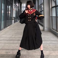 Material: Polyester TR Color: Black Red Option:   One set (Long Sleeve Blouse+Bow+ 43CM Skirt), One set (Long Sleeve Blouse+Bow+ 65CM Skirt), One set (Long Sleeve Blouse+Bow+ 80CM Skirt), Long Sleeve Blouse + Bow only, To maintain the pleats sharp, the hem of skirts is fixed with removable lines as they are completed i Magic School Uniform, Uniform Outfits, High School Uniform, School Uniform Outfits, Female Clothes, Outfit Design, Red A, Magic School, Skirt Long