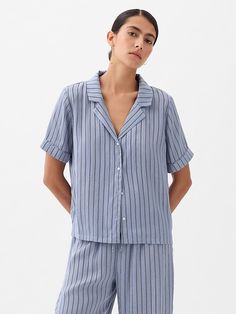 Satin PJ Shirt Gap Pajamas, Satin Pajama, Satin Pajamas, Notch Collar, Pajama Top, Fashion Poses, Pajamas Women, Christmas List, Blue Stripes