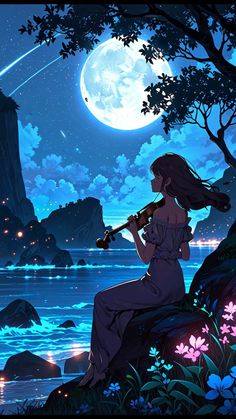 a woman sitting on a rock looking at the moon with a violin in her hand