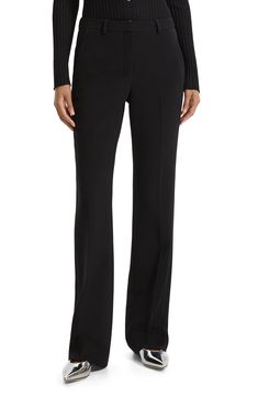 Full-length legs with a slight flare at the hem define these classic slim-fit pants meant to go from 9–5 and beyond. 33 1/2" inseam; 19" leg opening; 11 1/2" front rise; 15 1/2" back rise (size 8) Zip fly with hook-and-bar closure Front slant pockets; back welt pockets 70% triacetate, 30% polyester Dry clean Imported Elegant Stretch Dress Pants Straight Fit, Elegant Stretch Straight Dress Pants, Elegant Straight Stretch Dress Pants, Elegant Straight Pants For Business, Elegant Straight Business Bottoms, Elegant Straight Bottoms For Business, Elegant Straight Dress Pants For Business, Straight Fitted Office Bottoms, Elegant Tailored Straight Bottoms