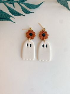 Floral ghost clay earrings, 18k gold plated, hypoallergenic Ghost Clay, Floral Ghost, School Collection, Halloween Earrings, Clay Earrings, Pink And Orange, Ghost, 18k Gold, Gold Plate