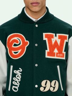 Off White Varsity Jacket, Leather Varsity Jackets, Orange Logo, Baseball Varsity Jacket, Leg Work, Recipes Homemade, Press Studs, Green Jacket, Green Orange