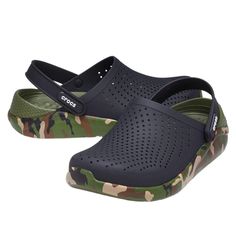 Color: Black/Camo Unisex Pull On Construction Waterproof Literide Foam Footbeds Flexible Matlite Uppers Croslite Foam Outsoles No Trades Free Gift W/Purchase Same-Day Shipping Eyeit-Buyit Black Slip-resistant Clogs For Summer, Casual Black Clogs With Removable Insole, Black Casual Waterproof Clogs, Online Sneaker Store, Crocs Literide, Winding Path, Classic Sandals, Crocs Black, Crocs Men