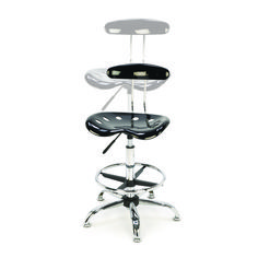 a black and white office chair sitting on top of a metal stool