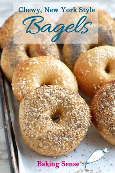 bagels on a baking tray with the words bagels above them