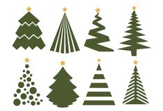 christmas tree silhouettes are shown in green and gold, with stars on the top