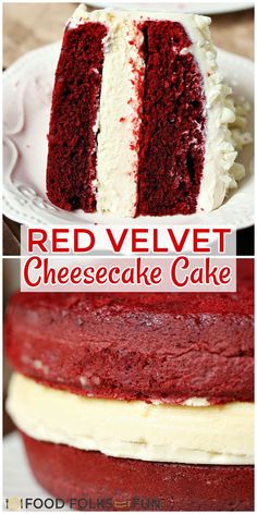 red velvet cheesecake cake with white frosting