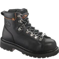 These 83668 Harley Davidson Women's Gabby Safety Boots are made with the biker in mind. Harley Davidson boots are crafted with style and performance combining classic Harley Davidson designs into its footwear. Harley Davidson detailing in a collection of footwear sure to satisfy your inner rider. 5" Shaft Full Grain Leather Full Length Cushion Sock Lining Goodyear® Welt Construction Rubber Outsole Heel Height: 1.25" Steel Toe Rated ASTM F2413-11 M 1/75 C/75   Electrical Hazard Compliant With Ind Black Moto Boots With Steel Toe And Moc Shape, Black Moto Boots With Steel Toe Moc Shape, Black Moto Boots With Steel And Moc Toe, Black Lace-up Boots With Reinforced Moc Toe, Black Lace-up Boots With Moc Toe And Reinforced Toe, Black Biker Waterproof Boots With Steel Toe, Black Lace-up Moc Toe Boots With Reinforced Toe, Black Steel Toe Biker Boots, Black Leather Work Boots With Protective Metal Feet