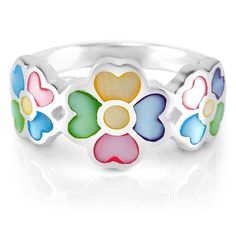 * STAMPED 925 STERLING SILVER - This beautiful flower ring is made from the finest sterling silver as hallmarked with the 925 metal stamp. 925 sterling silver is made from 92.5% silver and 7.5% copper. The copper is added to stabilize the silver so that it can hold its beautiful shape and inlaid with multi-colored mother of pearl for a beautiful look. * NICKEL AND LEAD FREE - This beautiful ring is designed with absolutely no nickel or lead, making it safe for girls and women with nickel and lea Sterling Silver Jewelry With 3d Flowers In Silver, Multicolor Flower-shaped Anniversary Rings, Sterling Silver Jewelry With 3d Flower Design, Silver Jewelry With 3d Flowers For Gift, White Flower Ring Gift, Adjustable Silver Flower Ring, Silver Sterling Silver Enamel Promise Ring, Nickel-free Sterling Silver Flower Ring, Silver Flower Shaped Ring Stamped 925