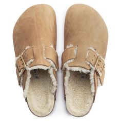 Boston Bold Shearling Nubuck Leather Cognac | BIRKENSTOCK Birkenstock Styles, Two Strap Sandals, Mens Clogs, Boys Sandals, Boston Clog, Men Suede, Suede Fashion, Calf Muscles, Slippers Cozy