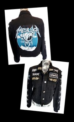 Womens distressed black denim jacket all rocked out with classic metal band patches front and back; silver studding and star designs down arms Size tag says XL fits L/XL Waist length denim Black Rock Style Outerwear For Concert, Black Grunge Outerwear With Rivets, Grunge Outerwear With Rivets For Streetwear, Cotton Grunge Outerwear For Concerts, Alternative Cotton Outerwear For Concerts, Alternative Style Cotton Outerwear For Concerts, Black Grunge Outerwear For Concert, Black Cotton Outerwear For Concerts, Rock And Roll Black Winter Outerwear