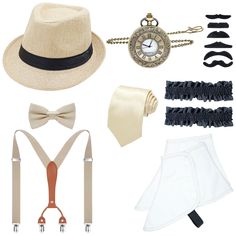 a collection of men's accessories including a hat, suspenders and tie