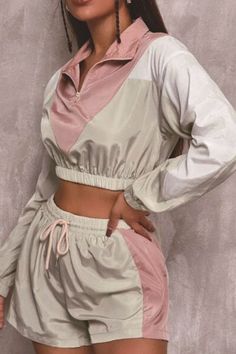 Zip-up Cropped Sweatshirts with Shorts Suit Sets Long Sleeve Patchwork Sets For Spring, Casual Patchwork Sets For Loungewear, Casual Loungewear Sets With Patchwork, Pink Patchwork Long Sleeve Sets, Summer Long Sleeve Patchwork Sets, Pink Long Sleeve Patchwork Sets, Casual White Two-piece Set Top, Casual Long Sleeve Two-piece Tops, White Casual Two-piece Top Set