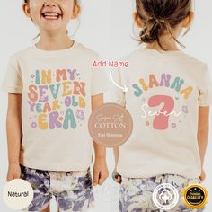 Unfortunately, we're unable to expedite the order. Kindly review the estimated delivery timeframe prior to finalizing your purchase. **Seventh Birthday Girl Shirt, 7th Birthday Girl shirt, Custom Seven Birthday Girl Shirt,In My Birthday Era Tee,B-day Gift For 7 Year Old Era ** ✨Our designs are original creations✨ ✨We welcome any custom orders you may have. Please message us! ✨ Celebrate your little one's big day with our "In My 7 Year Old Era" tee, perfect for a 7th birthday girl. This comfortab Cotton Number Print T-shirt For Birthday, Cotton T-shirt With Number Print For Birthday, End Of School Year Birthday T-shirt With Name Print, Cute Tops With Name Print For Birthday Gift, Cotton Tops With Name Print For Birthday Gift, Seventh Birthday, Ninth Birthday, Lego Birthday, Birthday Girl Shirt