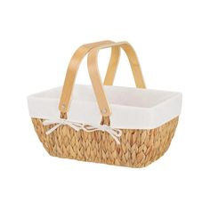 a woven basket with handles and straps on the handle is shown in front of a white background