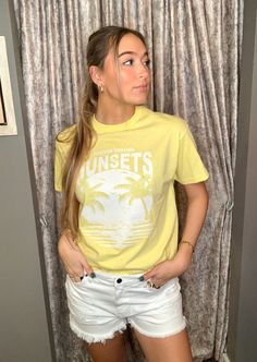 Sunsets Graphic tee in yellow Forever Chasing Sunsets, Chasing Sunsets, Graphic Tops, Color Free, Yellow Color, Online Purchase, Snug Fit, Breathable Fabric, Graphic Tee