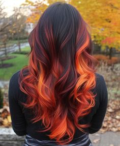 Curtain Bangs with Fall Hair  for a Trendy Look 🌼 Reddish Hair Color Ideas, Hair Color Ideas For Brunettes Orange, Black And Peach Hair, Autum Hair Ideas, Black And Orange Balayage, Black Orange Blonde Hair, Maroon And Brown Hair, Hair Idea Color, Cowboy Copper Hair With Black