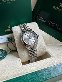 Rolex Lady-Datejust Listing: $10,995 Rolex Lady-Datejust 28 NEW 2023 Silver Index Dial Fluted Bezel..., Reference number 279174; Steel; Automatic; Condition Like new & unworn; Year 2023; Watch with o Datejust 36mm Woman, Women Rolex Watches, Lady Datejust 28, Silver Womens Watch, Ladies Rolex Watches, Rolex Lady Datejust, Rolex Watches Women, Silver Watches Women, Rolex Women