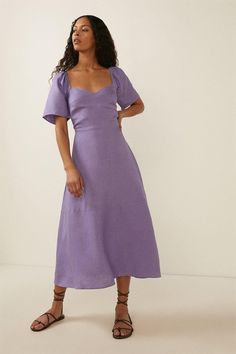 Style: Midi DressDesign: PlainFabric: Linen MixLength: MidiNeckline: SweetheartSleeve Length: Short Sleeve Linen Dress With Sleeves, Lilac Linen Dress, Short Sleeve Wedding Guest Dress, A Line Outfits, Hanoi Outfit, Purple Dress Summer, Evening Dress Midi, Purple Linen Dress, Midi A Line Dress