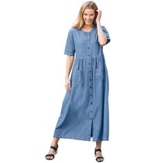 Effortless style for any season with our Short-Sleeve Denim Dress. Easy button front makes it versatile and simple to wear. Relaxed fit ensures all-day comfort and freedom of movement. Pair it with a cardigan for a layered, chic look or wear on its own. Handy patch pockets offer practicality without sacrificing style. Available in both Average (48" length) and Petite (45" length) to suit your fit. Crafted from woven cotton for a breathable, comfortable wear. Enjoy easy care with a machine-washab Short Sleeve Denim Dress, Loose Shirt Dress, Plus Size Petite, Denim Maxi Dress, Velour Dress, Petite Shorts, Denim Crafts, Mini Skater Dress, Woman Within