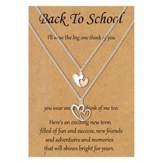 This Freshmen Back to School Gift Necklace Jewelry is suitable for everyday wear and represents the eternal bond between two persons. It comes with a heartfelt message which makes it a special College Freshman, High School, Kindergarten, Middle or a Preschool present. Material: Gold Plated Brass Chain Length: 18+2 inches Heart Charm Necklace For Mother's Day And Friendship, Personalized Double Heart Necklaces For Friendship, Personalized Double Heart Friendship Necklace, Mother's Day Heart Pendant Charm Necklace For Friendship, Mother's Day Friendship Heart Pendant Charm Necklace, Mother's Day Friendship Charm Necklace With Heart Pendant, Friendship Charm Necklaces With Heart Pendant For Mother's Day, Silver Necklace With Message Card As Gift, Valentine's Day Silver Necklace With Message Card