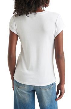 Be cool and casual in this sporty cotton-blend T-shirt finished with a classic crewneck and abbreviated sleeves. 22" length Crewneck Short sleeves 60% cotton, 40% viscose Machine wash, tumble dry Imported Cotton T-shirt With Ribbed Neckline, Trendy Cotton Top With Ribbed Neckline, Casual Cotton Short Sleeve Top With Ribbed Neckline, Trendy Cotton Short Sleeve Top With Ribbed Neckline, White Cotton Top With Ribbed Neckline, Everyday Cotton Short Sleeve Top With Ribbed Neckline, Cotton Short Sleeve Top With Ribbed Neckline For Everyday, Sporty Cotton Top With Shirttail Hem, Sporty Cotton Tops With Shirttail Hem