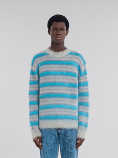 Long-sleeved crew-neck jumper made from a brushed mohair blend, featuring contrast stripes. Relaxed fit. Brushed Mohair, Mohair Knit, Mohair Sweater, Crew Neck Jumper, Sweater Shop, Stripes Pattern, Crew Neck Sweater, Electric Blue, Neck Sweater