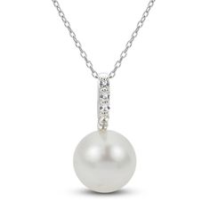 Take any look to a new level of elegance with this gleaming cultured pearl necklace. Sterling silver The pendant features a button freshwater cultured pearl beneath a sparkling length of white lab-created sapphires 18-inch cable chain; lobster clasp Classic Pearl Necklace With Diamond Accents For Anniversary, Pearl Pendant Necklaces With Diamond Accents, Timeless Pearl Necklace With Pearl Pendant, Timeless Pearl Necklace With Diamond Accents For Anniversary, Classic Silver Pearl Necklace With Diamond Accents, Pearl White Diamond Necklace With Pearl Charm, Pearl White Necklaces With Diamond Accents, Timeless Pearl Chain Necklace For Anniversary, Diamond White Pearl Drop Pendant Necklace