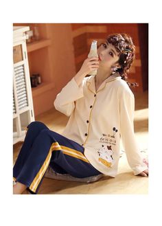 women cotton pajamas Cute Long Sleeve Loungewear Sets, Cute Long Sleeve Lounging Set, Cute Long Sleeve Loungewear Sleepwear, Cute Long Sleeve Sleepwear For Loungewear, Cotton Long Sleeve Nightgown For Pajama Party, Cotton Long Sleeve Nightgown For Sleepovers, Long Sleeve Cotton Nightgown For Sleepover, Casual Long Sleeve Nightgown For Lounging, Casual Long Sleeve Cotton Nightgown