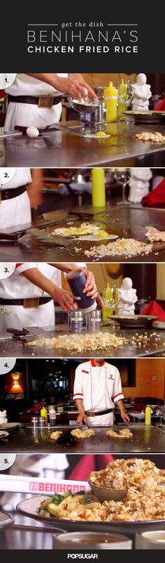 several different pictures of food being prepared on trays and in pans, with the words benihana's chicken fried rice written above them