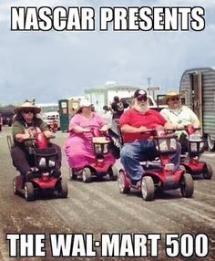 three people on four wheelers driving down the road with caption that reads, mascar presents the wal mart 500