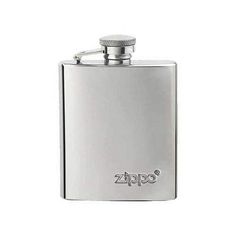 a stainless steel hip flask with the word zipo written in silver on it