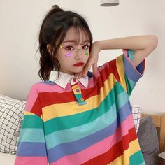 Cute Striped Rainbow Polo Shirt – Tomscloth Summer Multicolor Collared T-shirt, Multicolor Casual Collar Top, Striped Summer Tops With Casual Style, Multicolor Casual Shirt With Casual Collar, Multicolor Casual Collar Shirt, Casual Multicolor Shirt With Casual Collar, Spring Polo Shirt With Striped Collar And Short Sleeves, Spring Polo Shirt With Striped Collar, Casual Short Sleeve T-shirt With Striped Collar