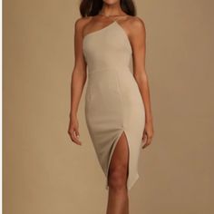 Happiest Hour Beige Asymmetrical Bodycon Midi Dress, Size Small, Never Worn Fully Lined. Shell: 95% Polyester, 5% Spandex. Lining: 100% Polyester. Exclusive Decoration. Hand Wash Cold. Do Not Bleach. Hang To Dry. Imported. Style 1505876 Lulus Dresses, Bodycon Midi Dress, Bodycon Midi, Midi Dress Bodycon, Asymmetrical Dress, Happy Hour, Bleach, Midi Dress, Hand Wash