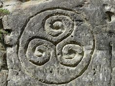 a stone carving with two spirals on it's face in the rock wall